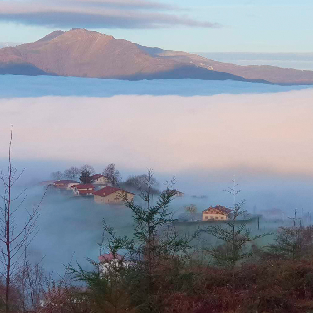 Vista de casas en la niebla con montañas al fondo en Irún, simbolizando la claridad y el proceso de sanación con la ayuda de Araceli Vázquez, psicóloga en Irún